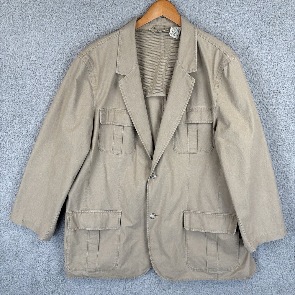L.L. BEAN Field Blazer Mens 52 Tall Tan Utility Coat Safari Jacket Elbow Patches